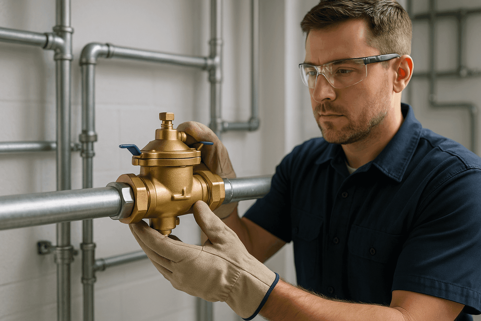 Plomero instalando un dispositivo de prevención de retorno en una tubería