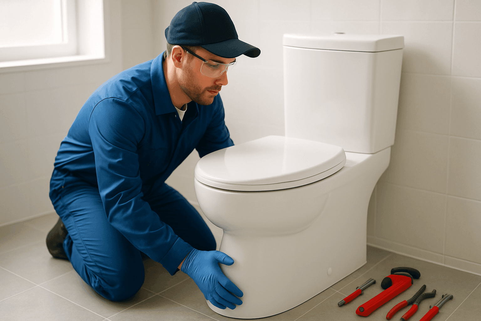 Plomero instalando inodoro moderno ahorrador de agua