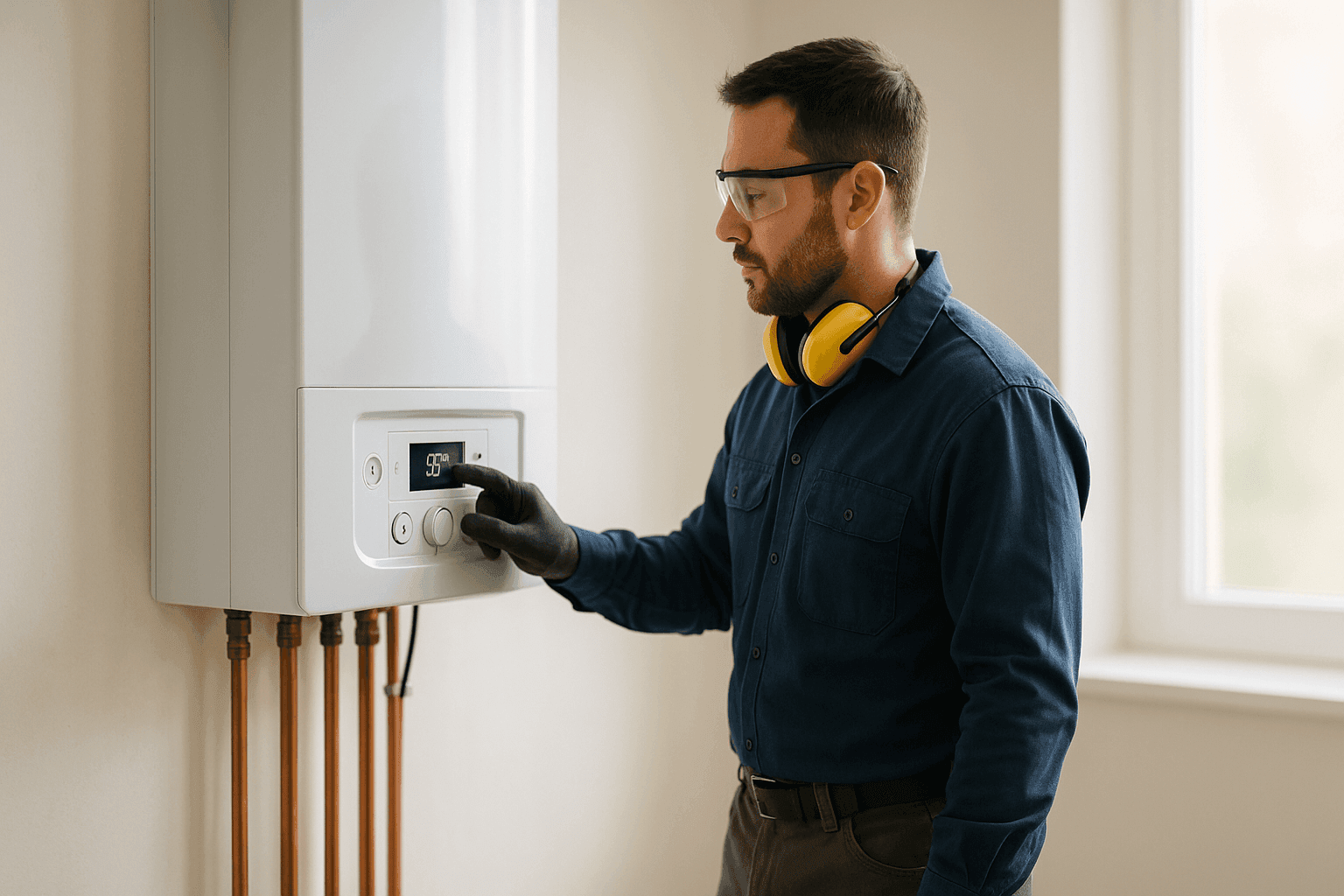 Técnico revisando el panel de control de una caldera en la sala de servicios