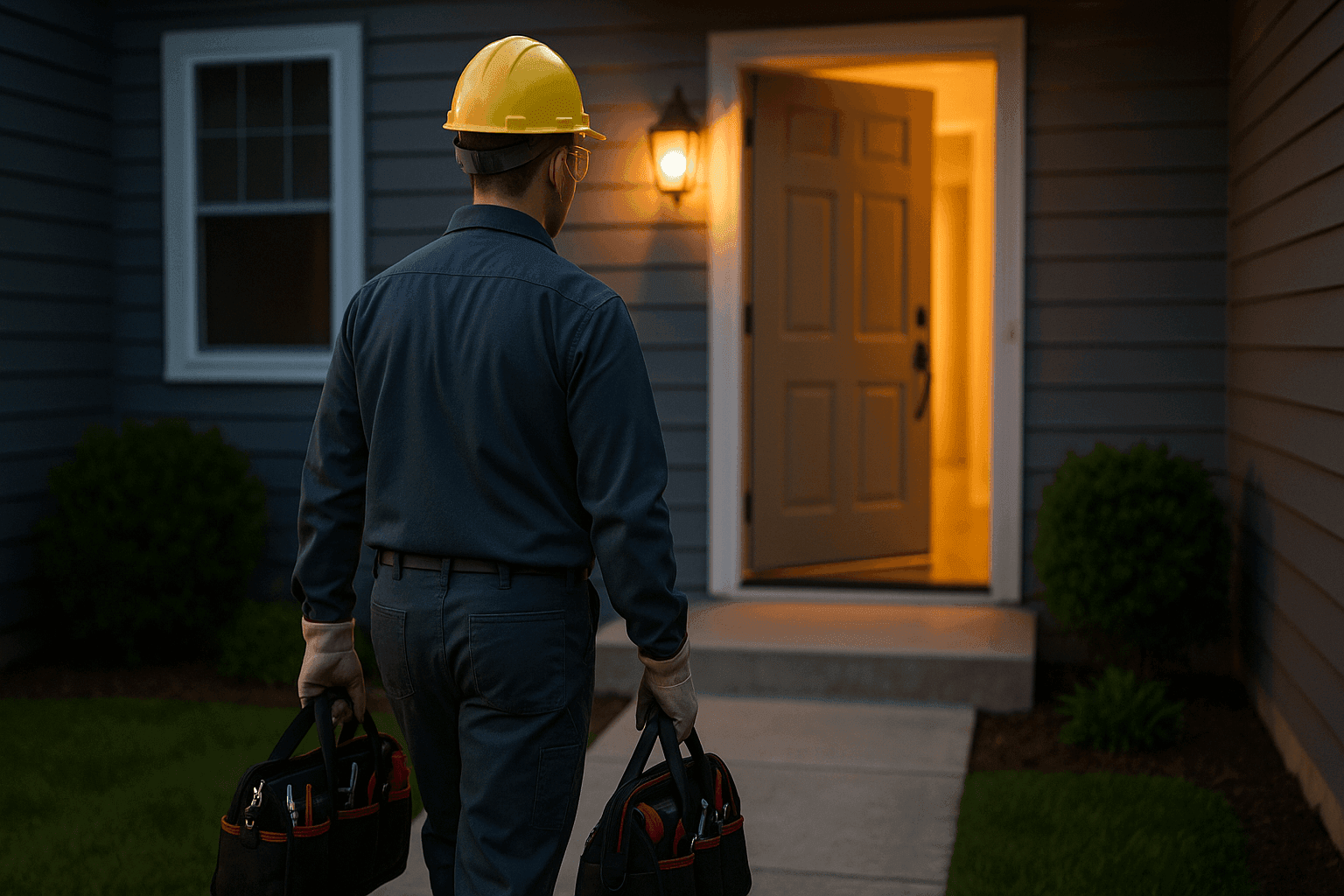 Plomero llegando a una casa por una llamada de emergencia nocturna