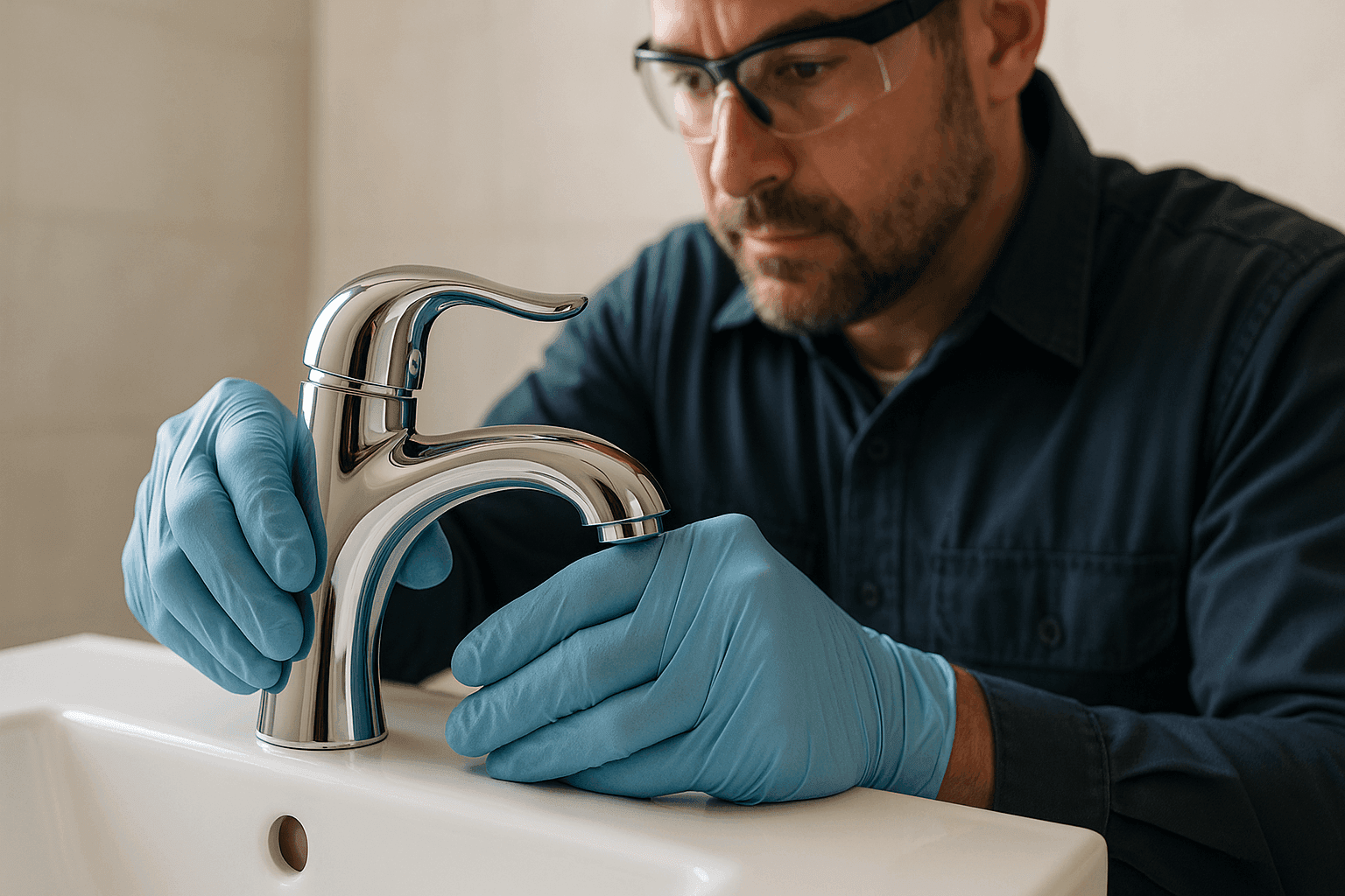Plomero instalando un nuevo grifo en el lavabo del baño