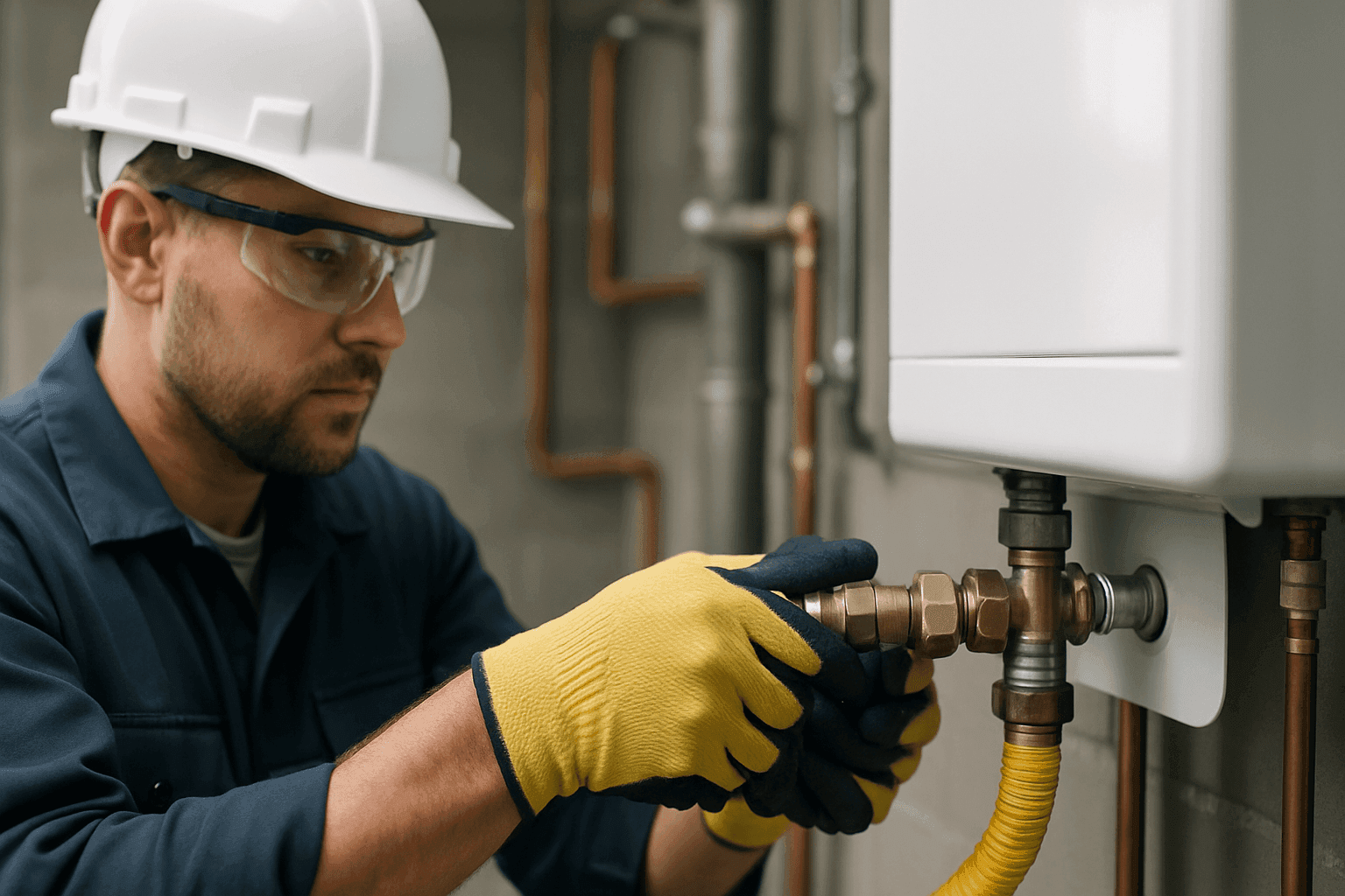 Técnico instalando línea de gas con equipo de seguridad