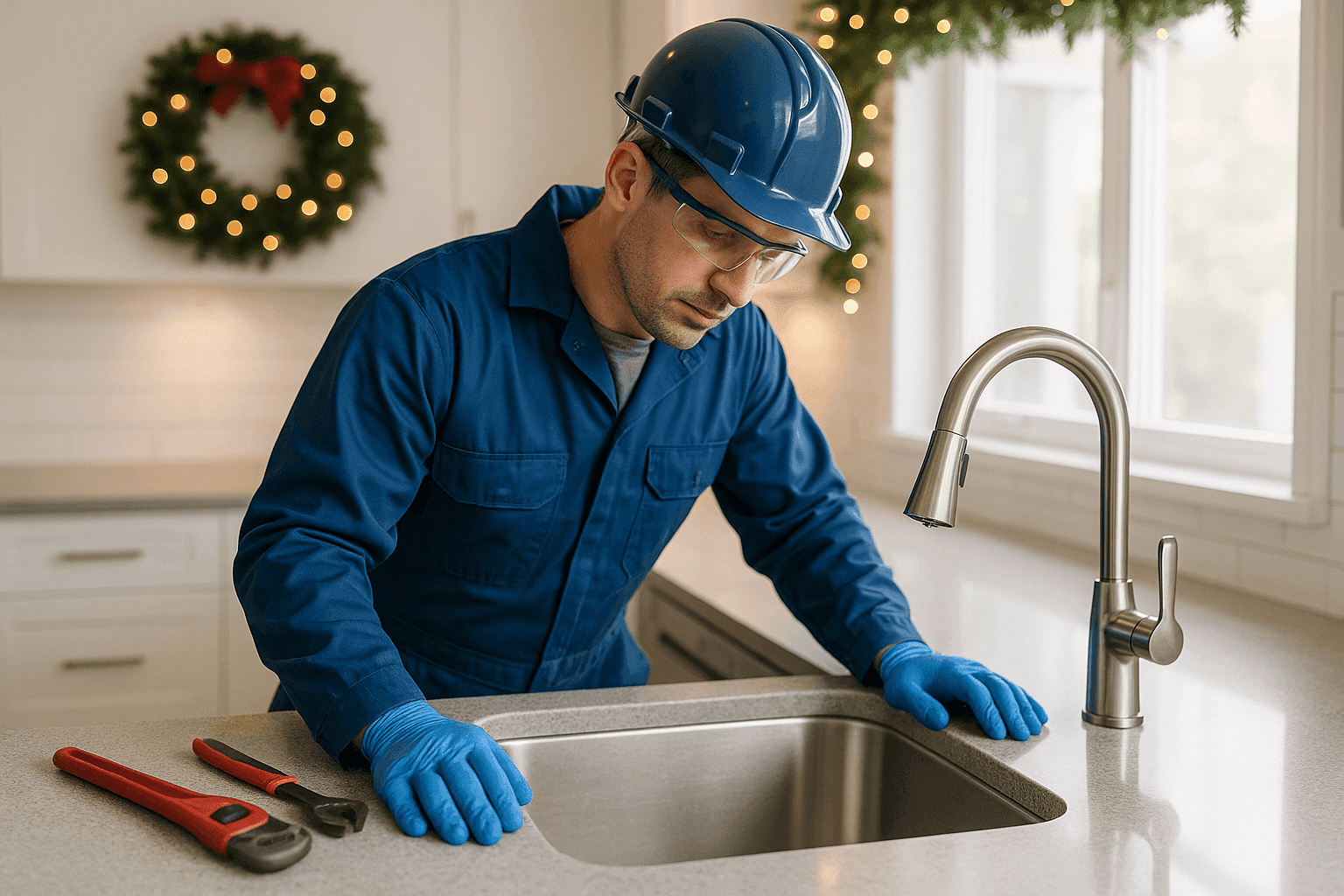 Plomero revisando el fregadero de la cocina antes de la comida festiva
