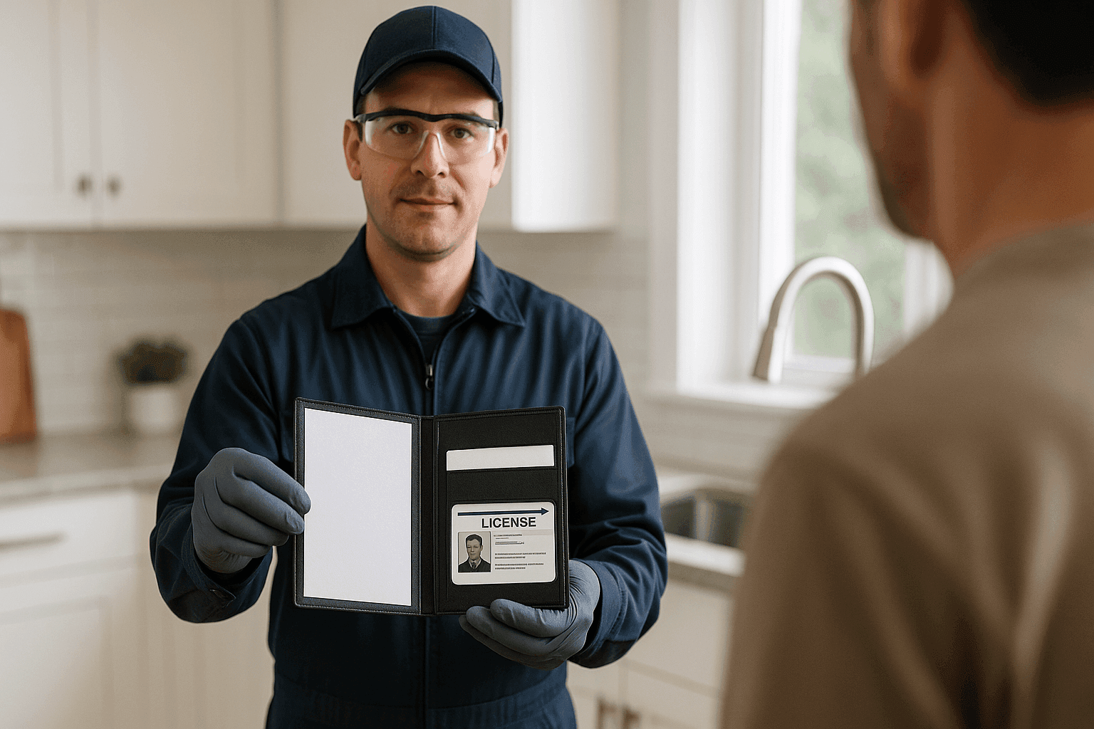 Plomero mostrando credenciales y tarjeta de licencia al cliente