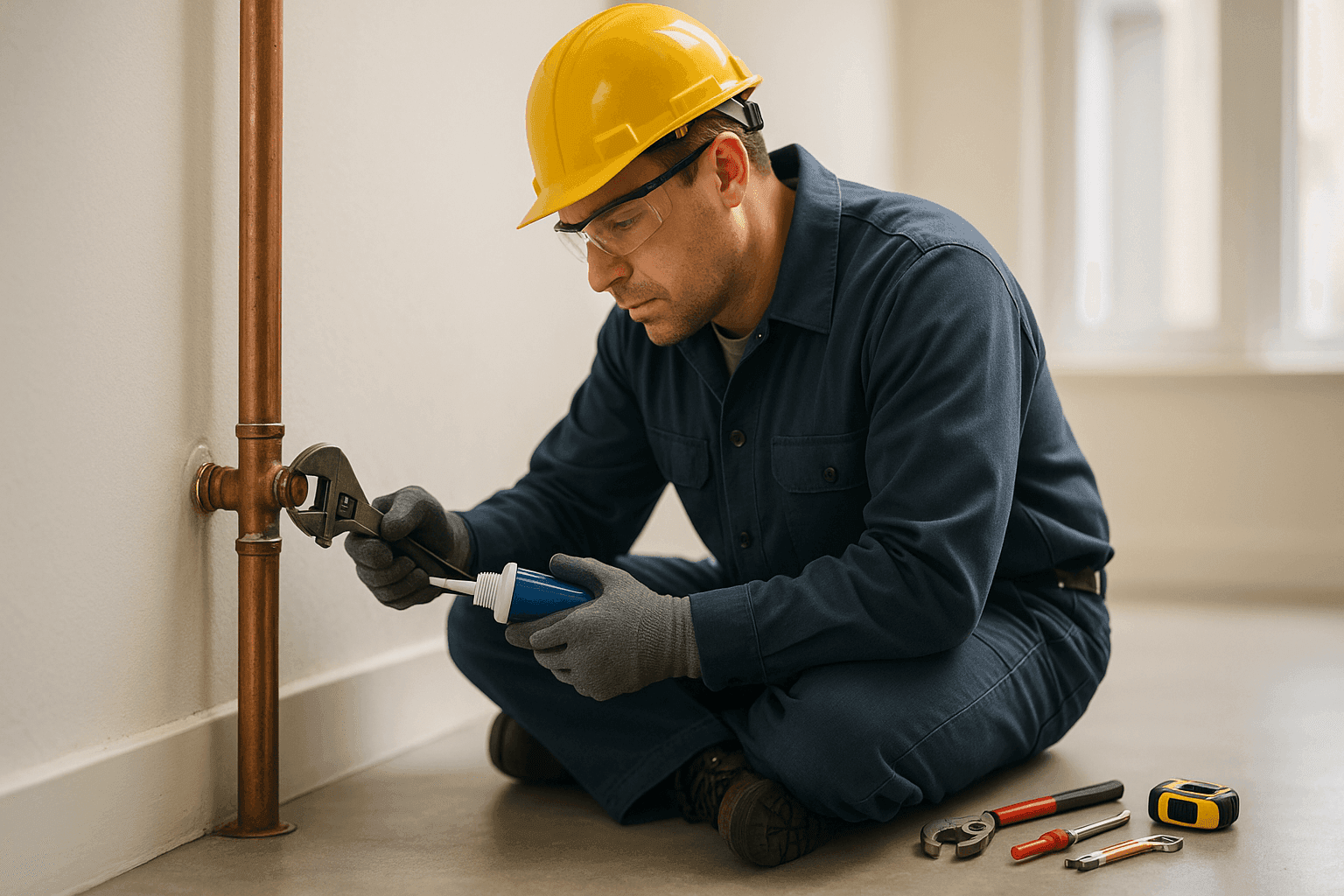 Plomero aplicando sellador de tuberías a una unión con fuga