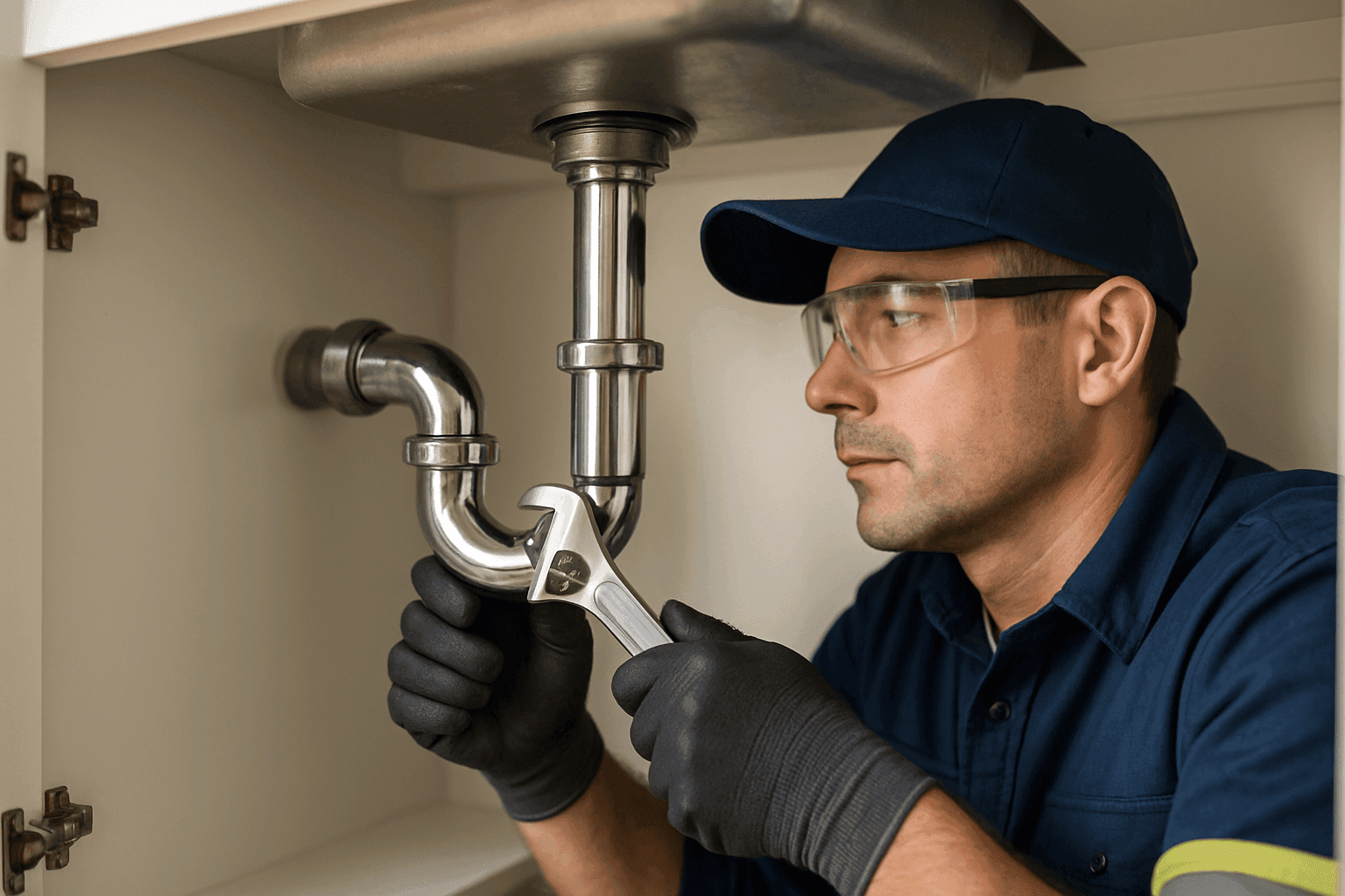 Plomero reparando el desagüe con fuga de un fregadero de cocina