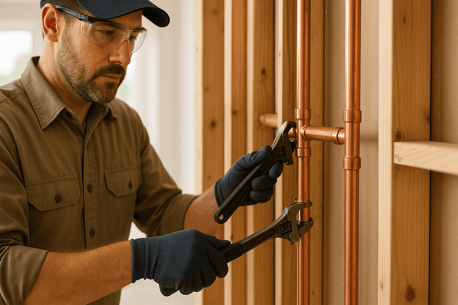 Plomero instalando nueva tubería de cobre en un marco de pared