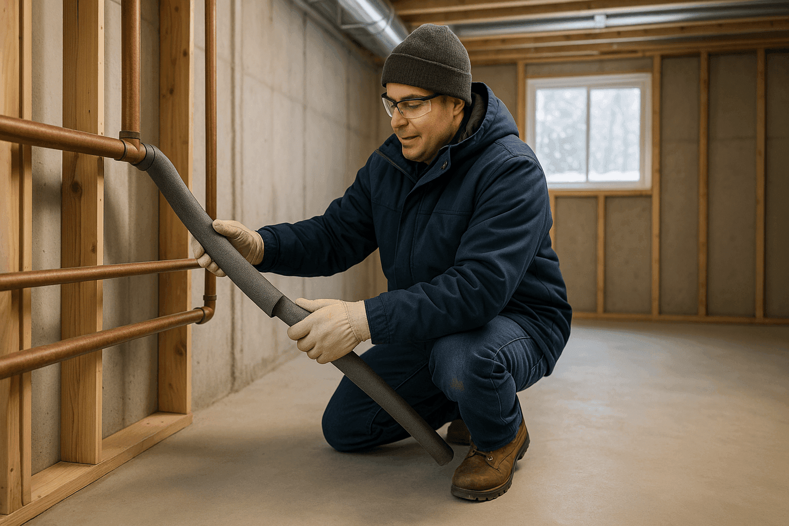 Plomero aislando tuberías expuestas en un sótano para el invierno