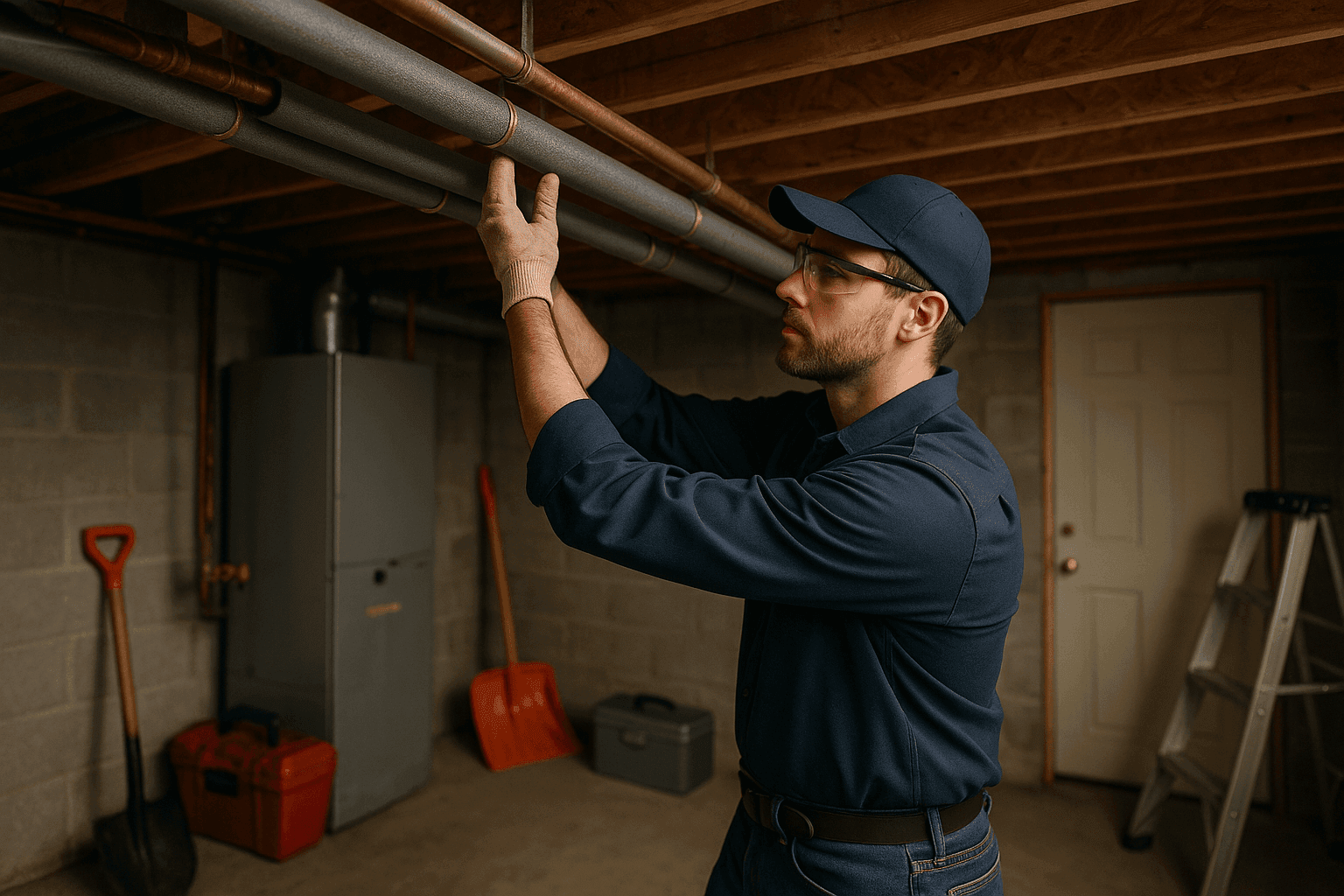 Plomero inspeccionando tuberías aisladas para mantenimiento estacional en el sótano de una casa