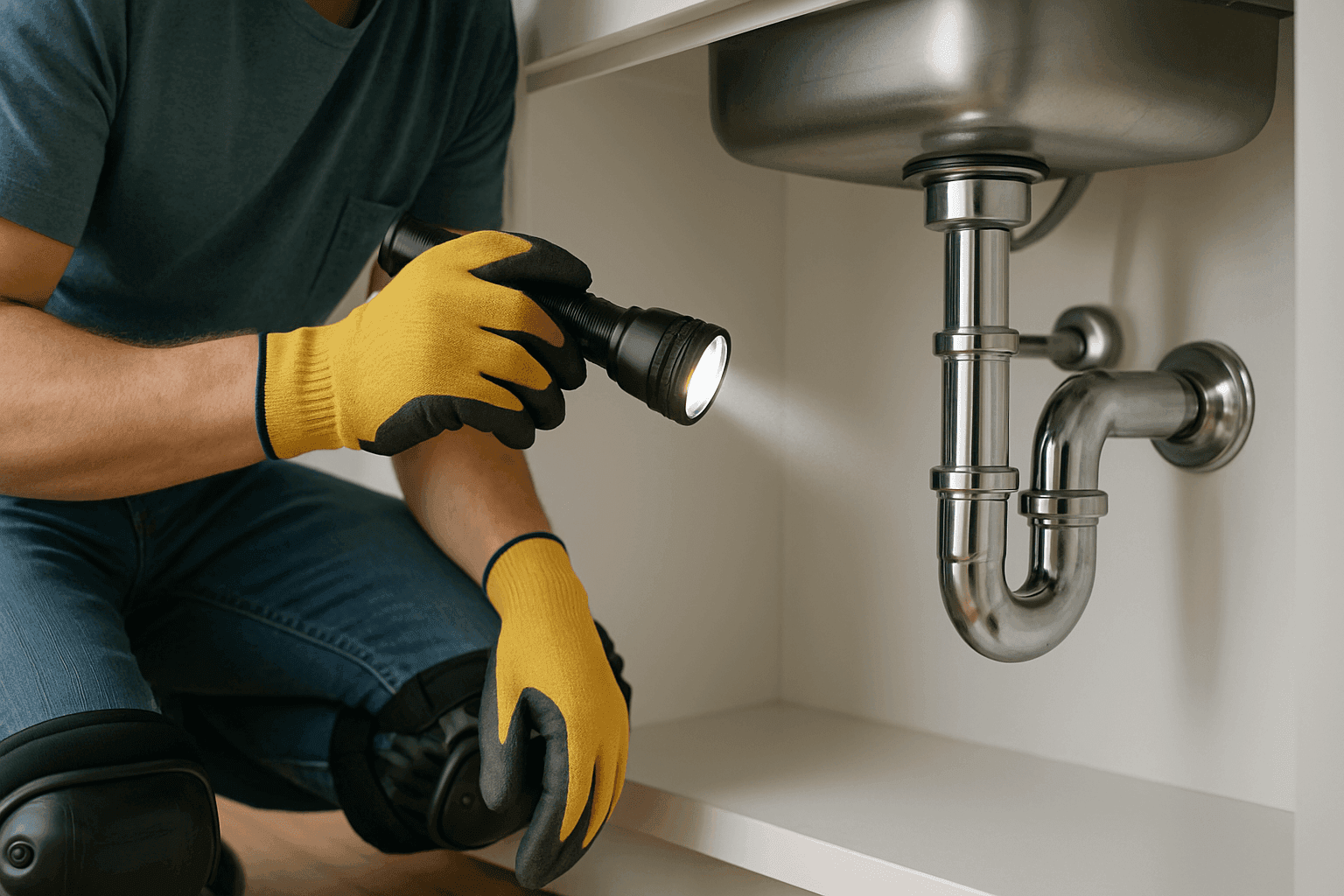 Propietario inspeccionando tuberías bajo el fregadero de la cocina en busca de fugas