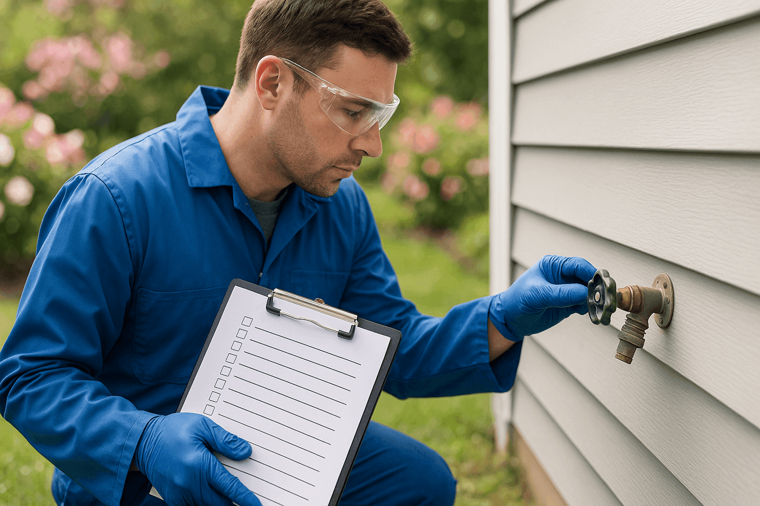 Plomero revisando grifo exterior en primavera