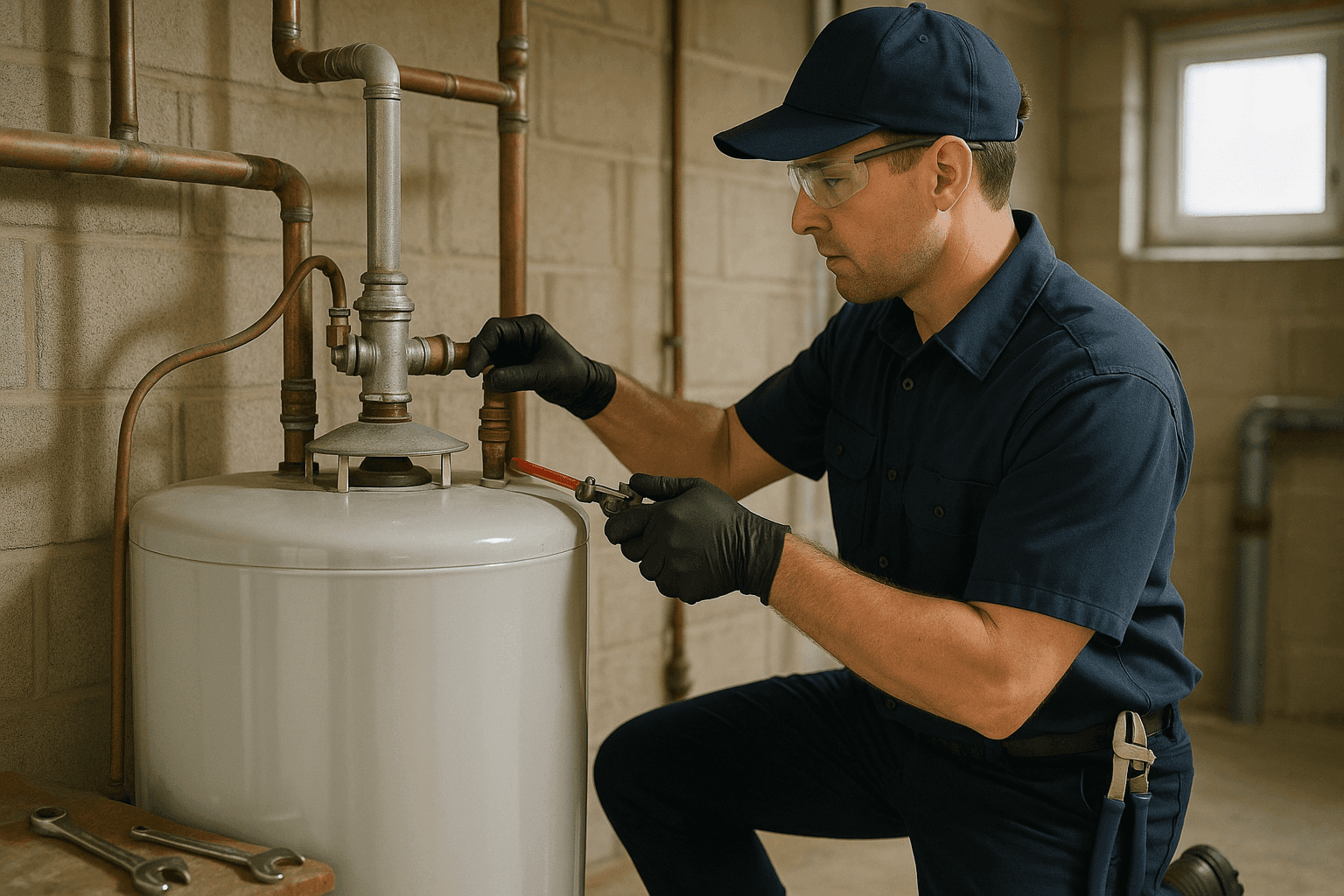 Plomero realizando inspección de mantenimiento en calentador de agua residencial y tuberías de plomería