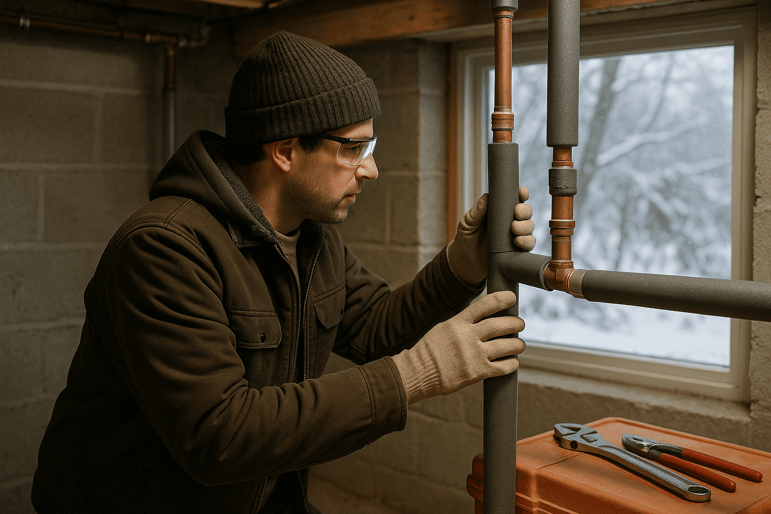 Propietario inspeccionando tuberías aisladas en el sótano durante el invierno