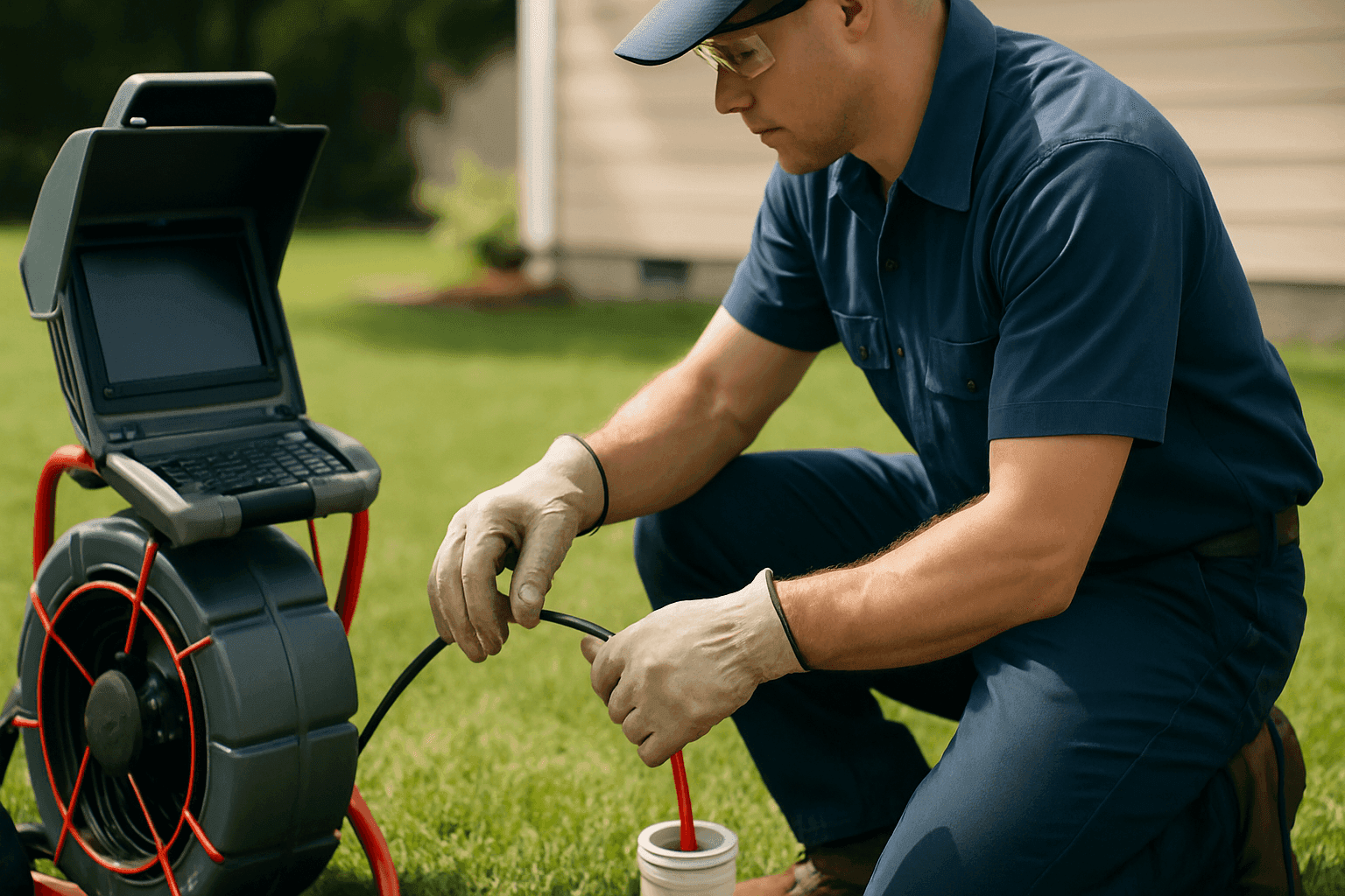 Técnico usando equipo de cámara para alcantarillado al aire libre