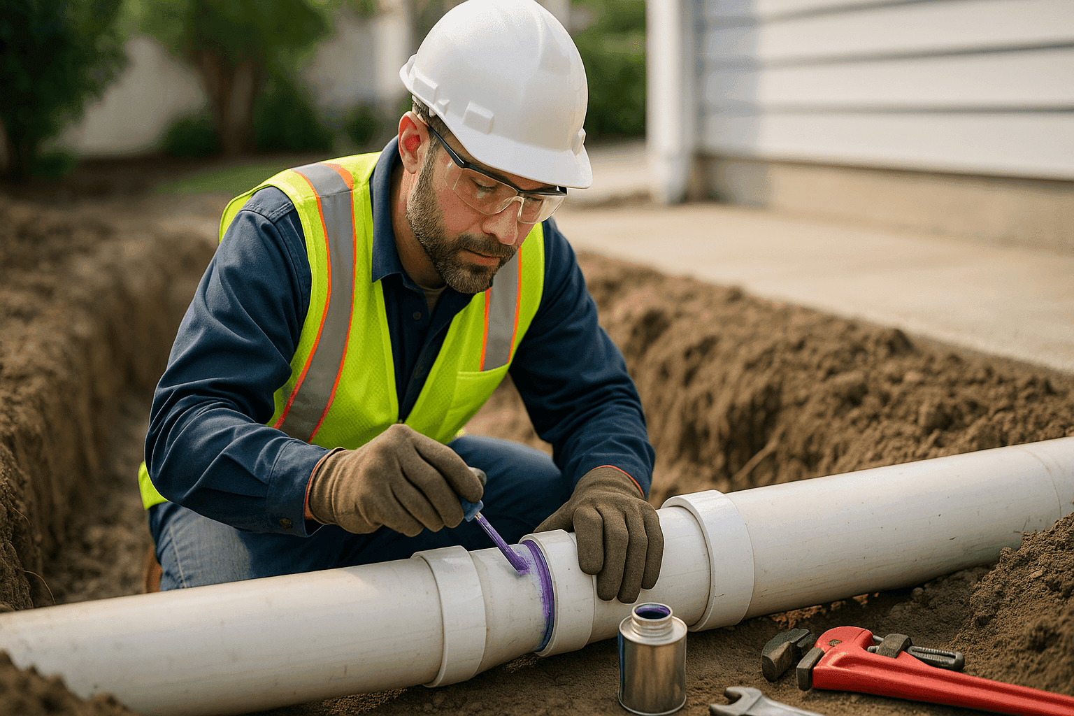 Técnico reparando tubería de alcantarillado subterránea en una zanja