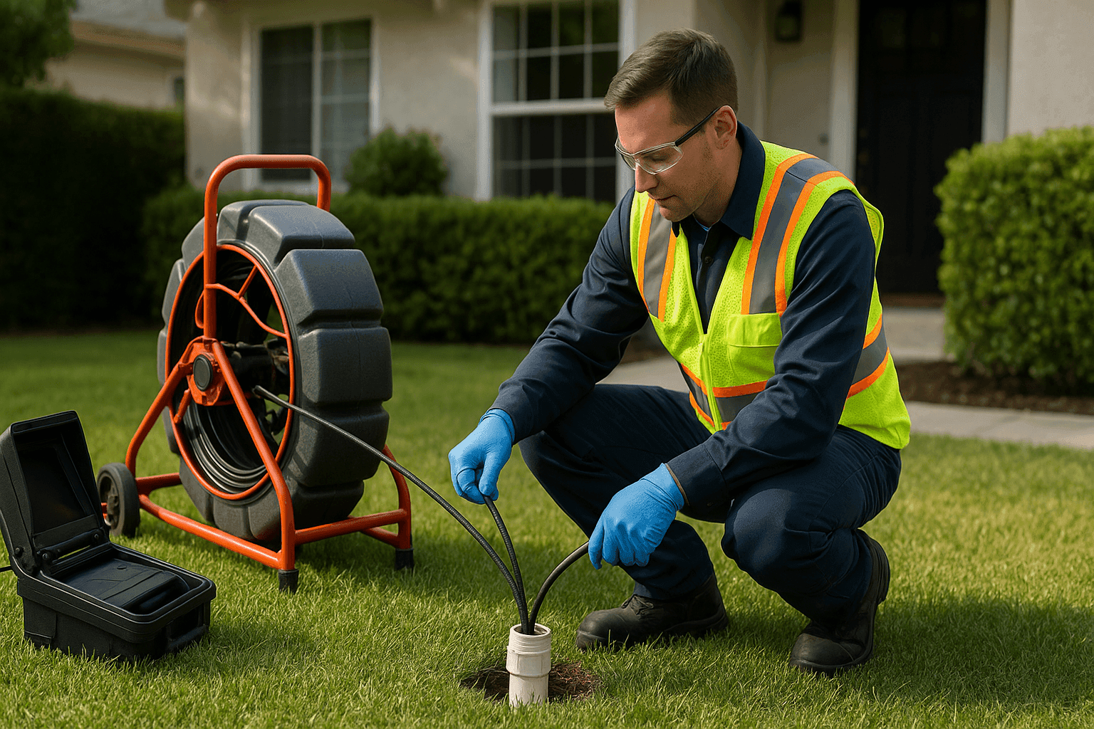 Plumber using camera to inspect main sewer line outdoors