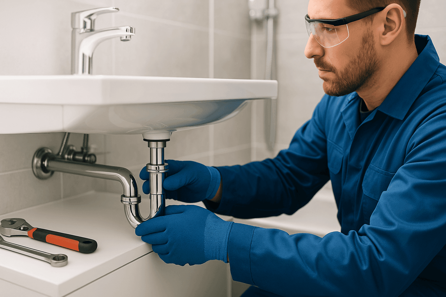 Plomero ajustando conexiones de tuberías bajo el lavabo del baño