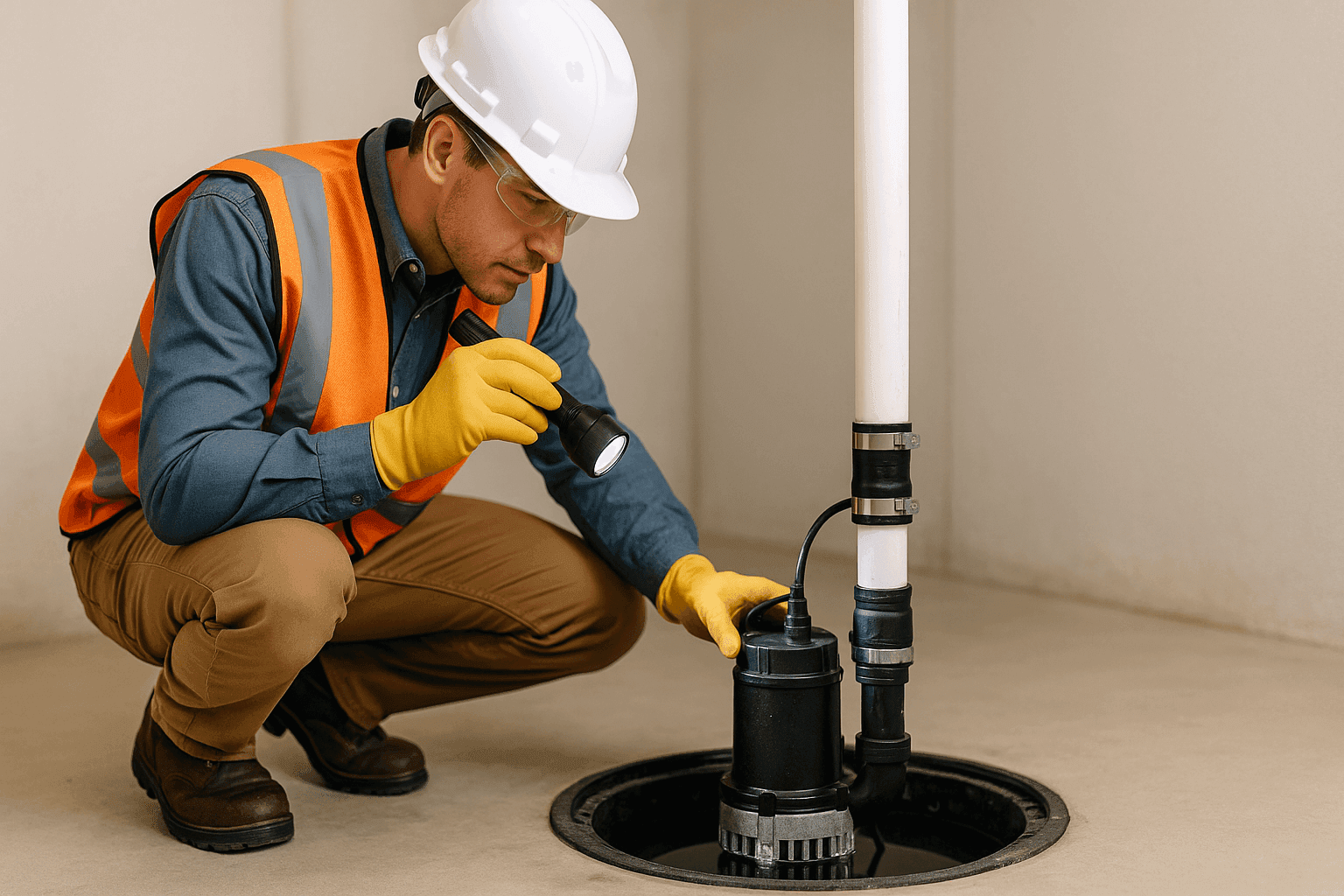 Técnico inspeccionando bomba de sump residencial en pozo de sótano