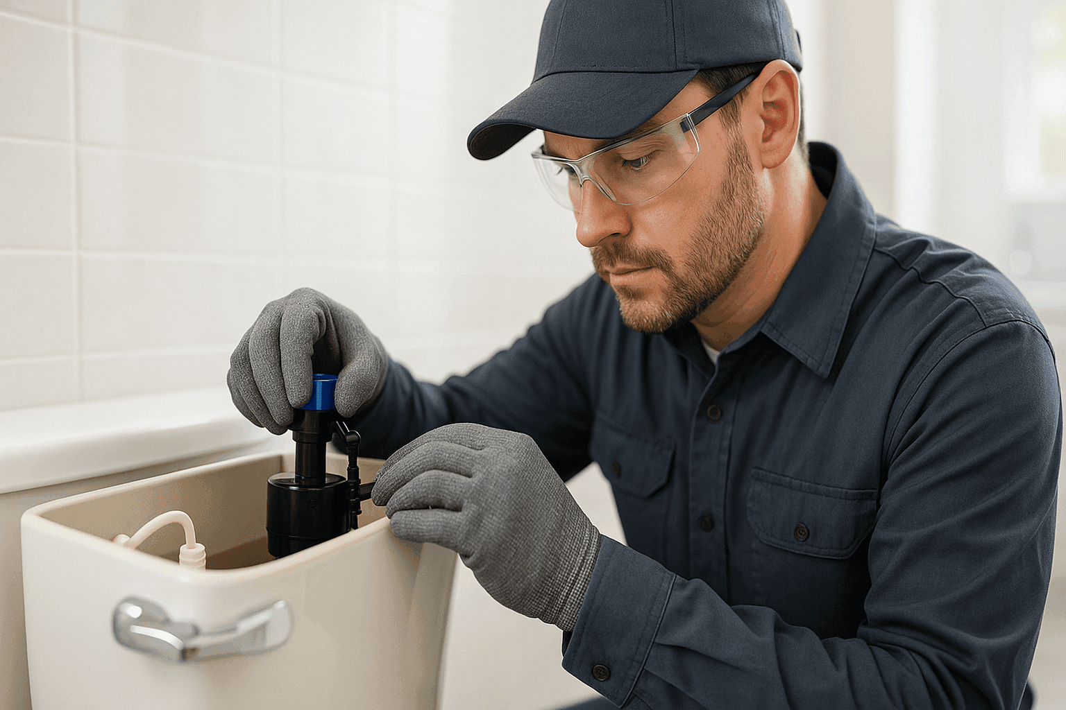 Plomero ajustando el mecanismo del tanque del inodoro