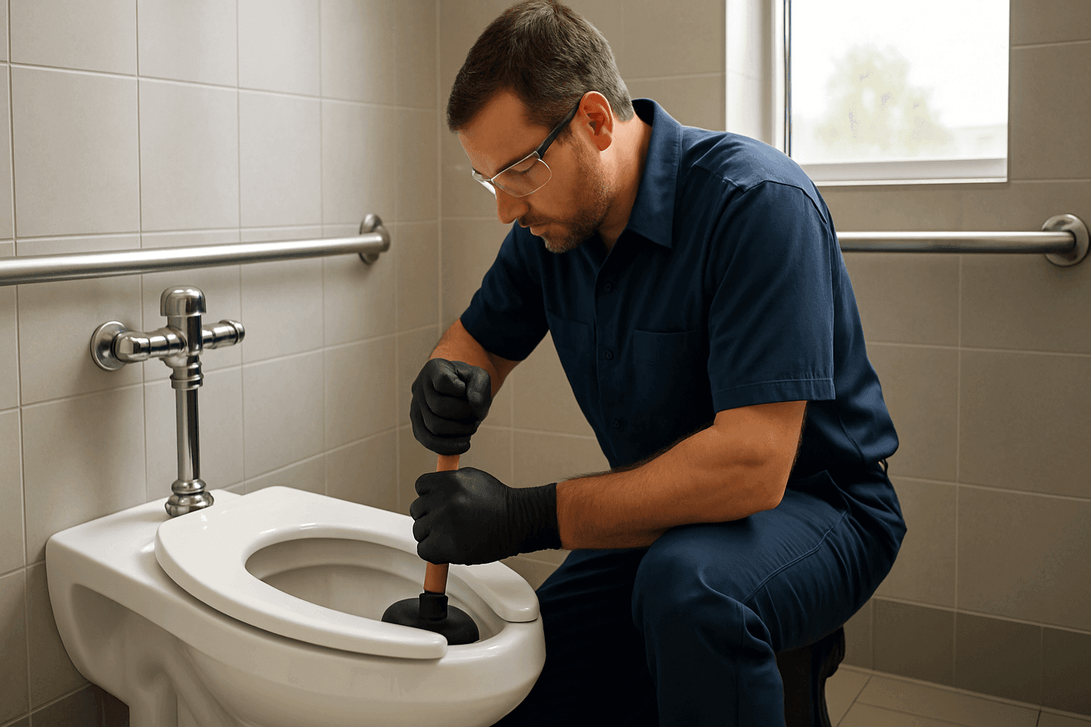 Técnico usando un desatascador para destapar un inodoro comercial