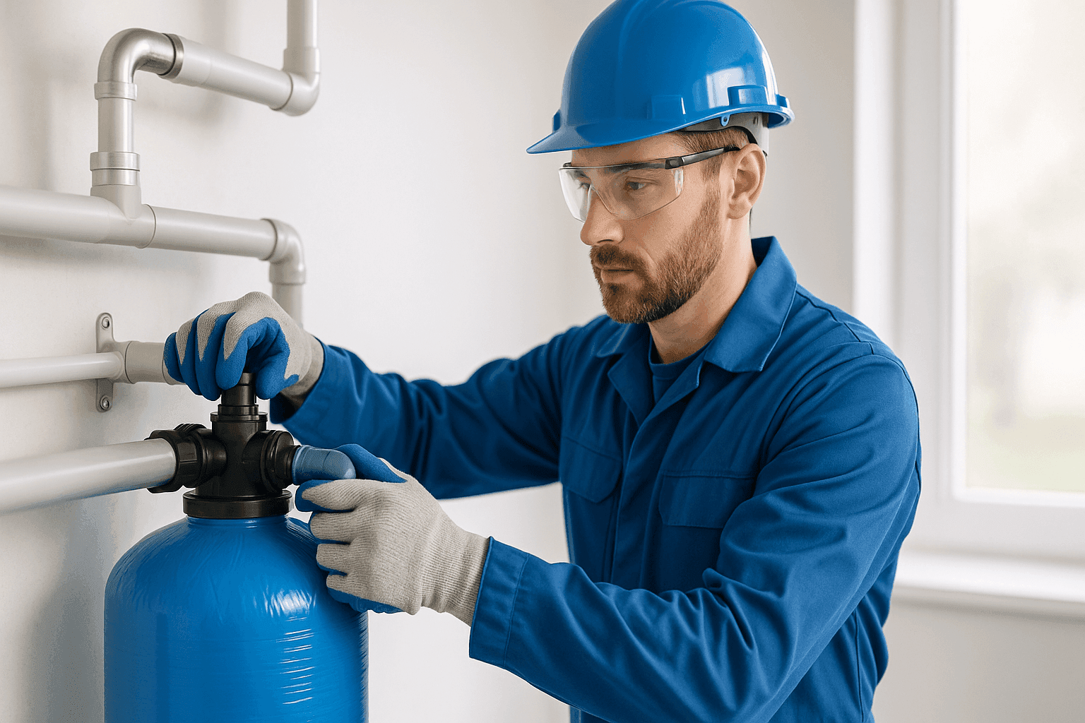 Plomero instalando sistema de filtración de agua para toda la casa