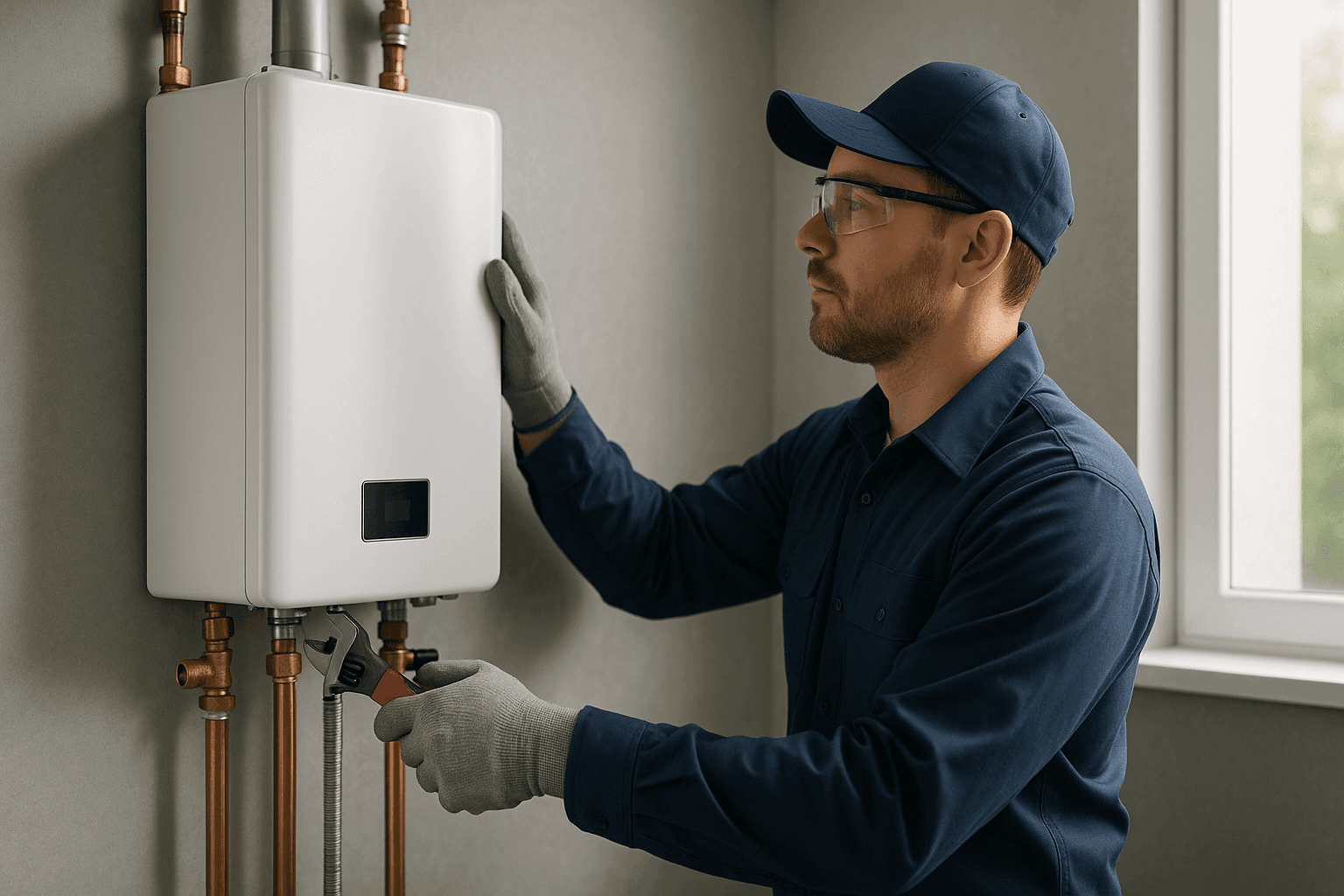 Plomero instalando un moderno calentador de agua sin tanque