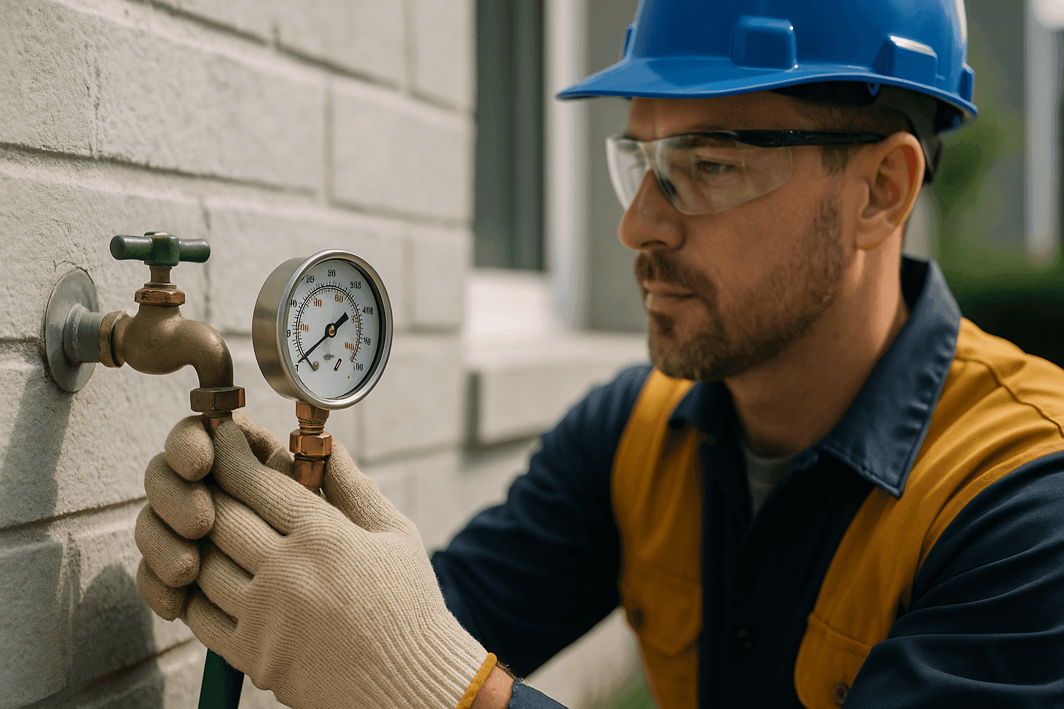 Plomero conectando un manómetro a una llave exterior
